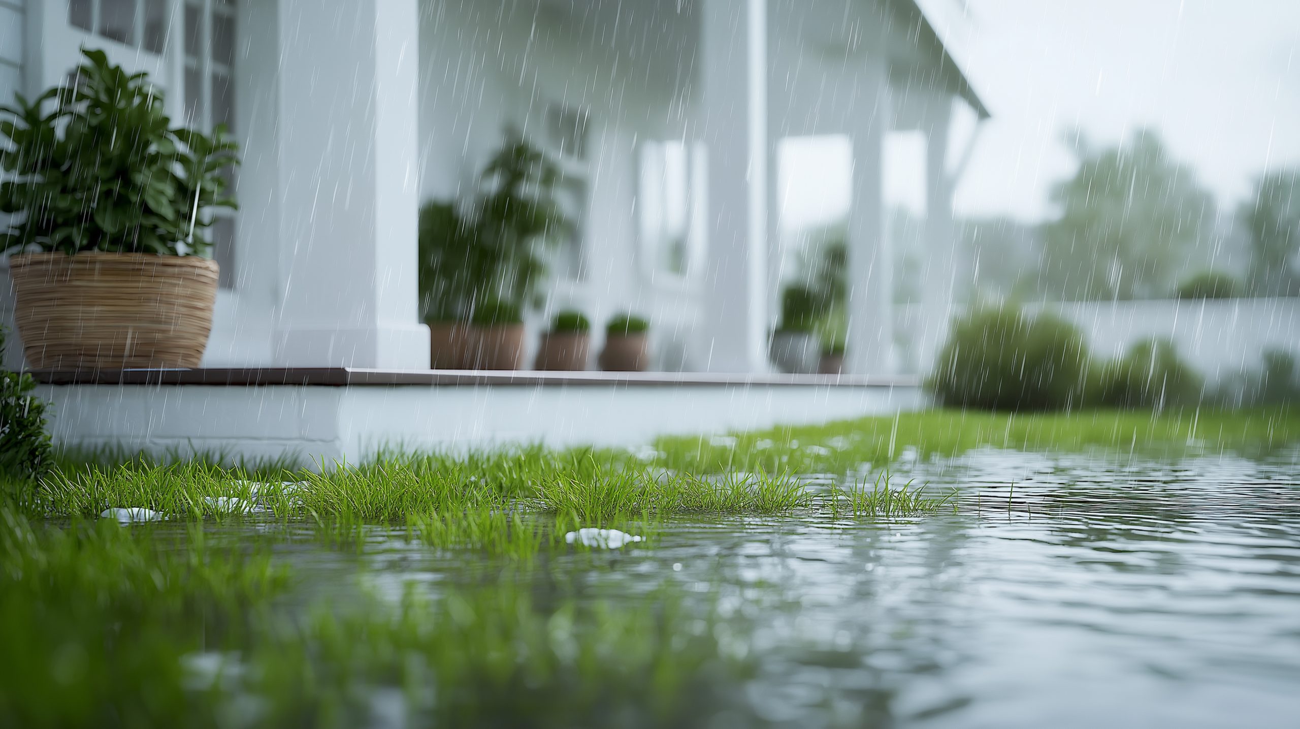Flooded Lawn in Front of White House During Rain
