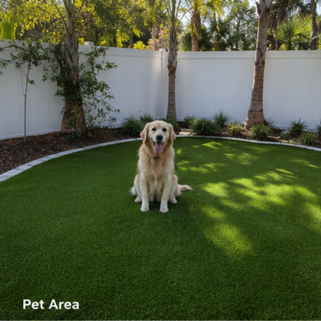 Golden retriever sitting on bright green artificial turf in a backyard with a white fence and palm trees behind.
