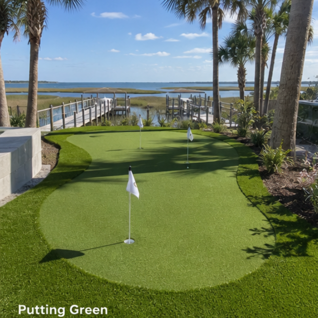 Seaside putting green with small flags, palm trees, and a wooden boardwalk leading to the water.