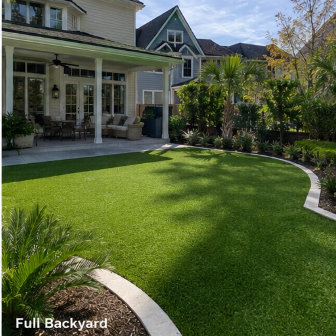 Backyard with a curved concrete edge, lush green lawn, and a covered patio with seating near a house.