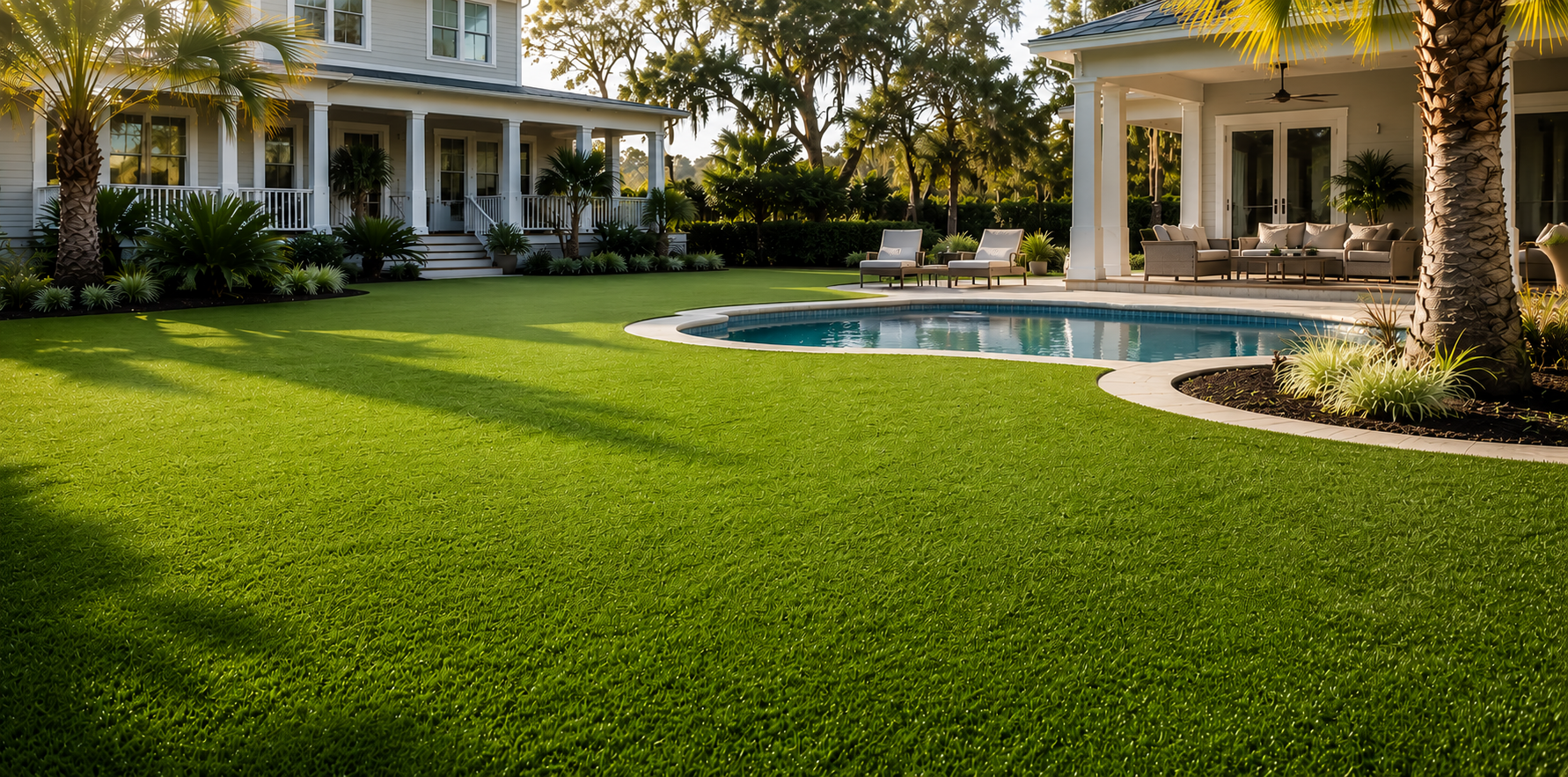 Resort-style backyard with a curved pool, manicured green lawn, and outdoor seating area by a covered patio.