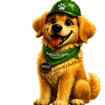 Maxx – Edited Cartoon golden retriever mascot wearing a green cap and bandana that says InspireScapes; name tag reads MAXX against a black background.
