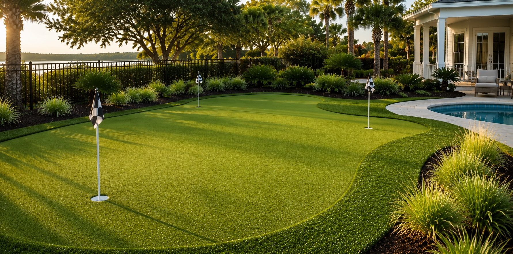 Luxurious backyard putting green with three flags, surrounded by landscaping and a pool nearby in a sunny yard.",