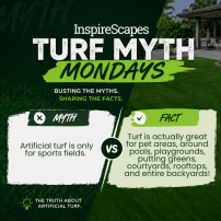 InspireScapes Turf Myth Mondays infographic debunking myths about artificial turf; left pane says 'Myth: Artificial turf is only for sports fields' and right pane states a fact about turf being great for pet areas, pools, playgrounds, and backyards.