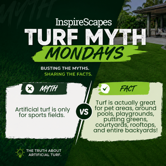 InspireScapes Turf Myth Mondays infographic debunking myths about artificial turf; left pane says 'Myth: Artificial turf is only for sports fields' and right pane states a fact about turf being great for pet areas, pools, playgrounds, and backyards.