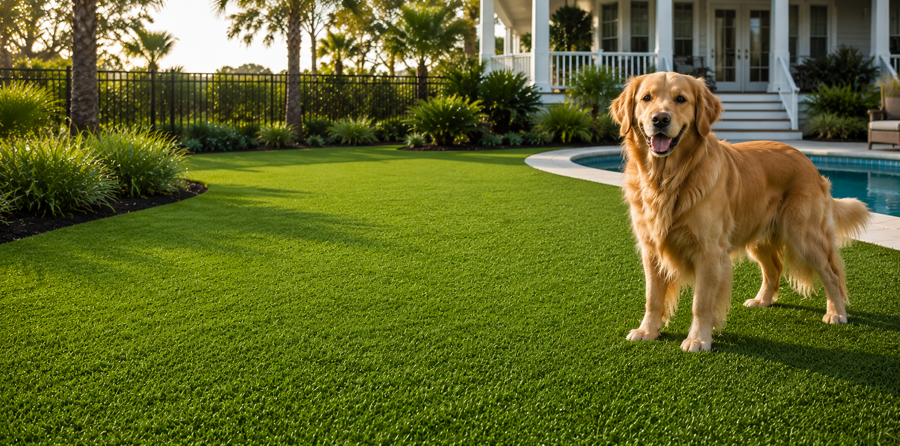 Happy golden retriever standing on a green lawn beside a pool in a sunny backyard.