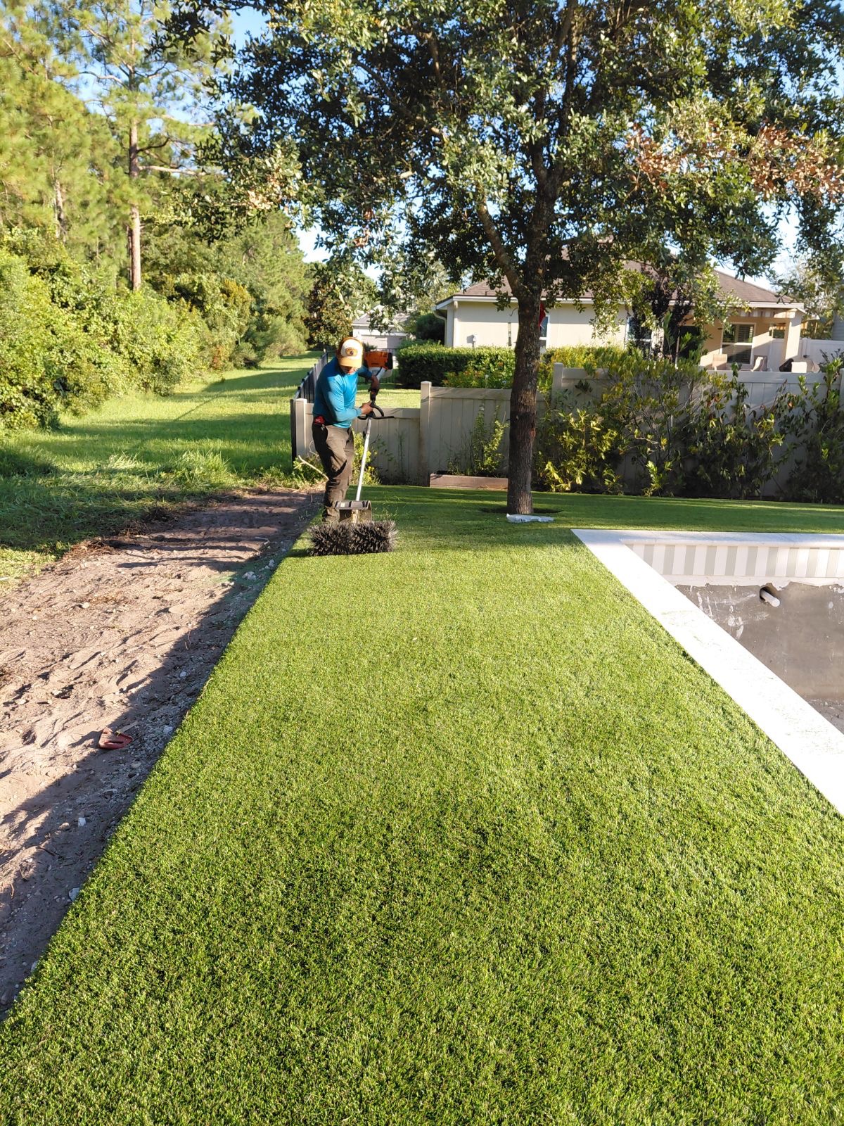A person in a blue shirt and cap pushes a lawn roller along a grassy yard near a tree and residential houses.