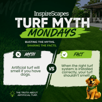 Infographic titled Turf Myth Mondays comparing myths and facts about artificial turf; left panel claims smell with dogs, right panel says properly installed turf won’t smell, with a dog on grass.