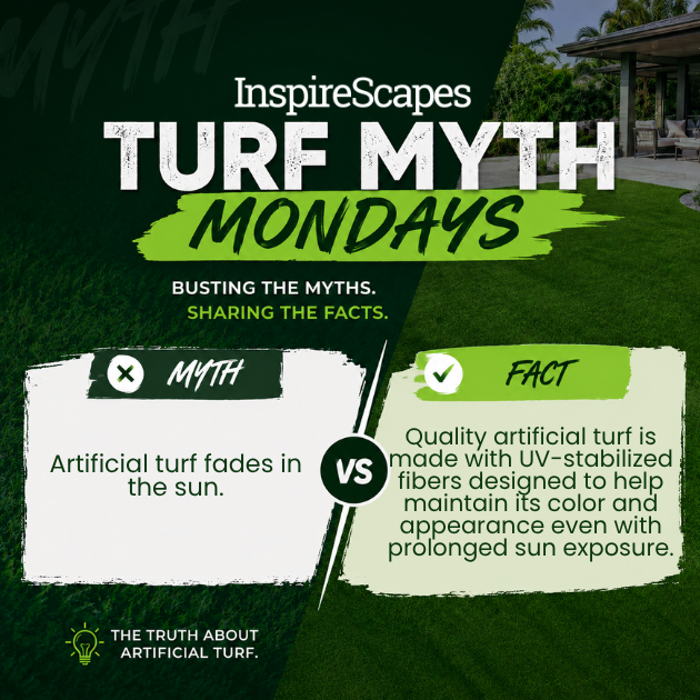 Infographic titled 'InspireScapes Turf Myth Mondays' compares a turf myth and a fact: left panel labeled 'MYTH' states 'Artificial turf fades in the sun.'; right panel labeled 'FACT' notes 'Quality artificial turf is made with UV-stabilized fibers designed to help maintain its color and appearance even with prolonged sun exposure.' Green grass background with brushed white and green accents.