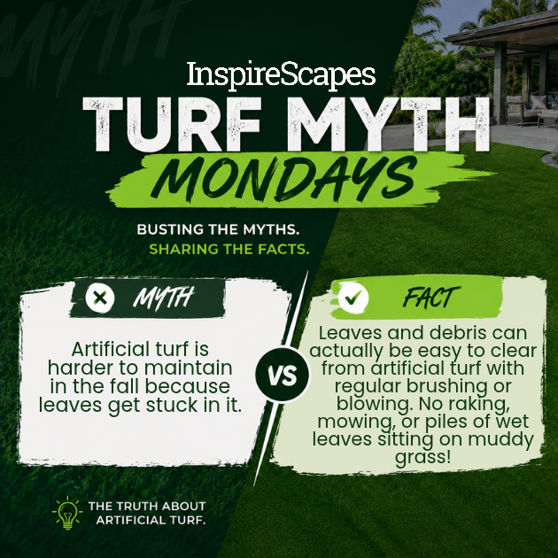 Infographic titled Turf Myth Mondays shows Myth vs. Fact about artificial turf maintenance with green grass background and two comparison panels.